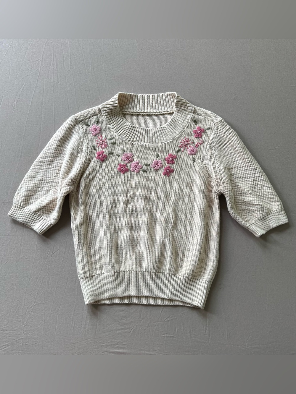 Floral Embroidered Short Sleeve Knit Sweater